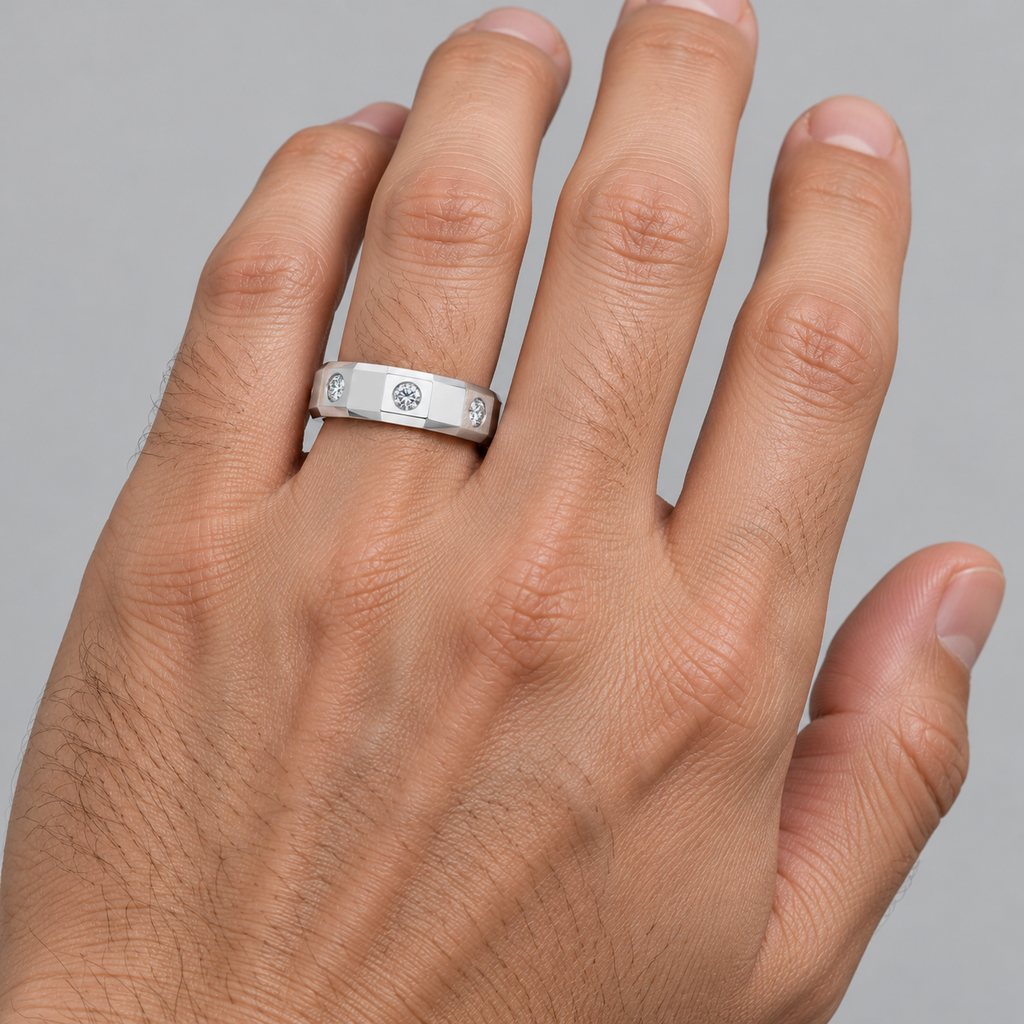 Round Diamond Mens Wedding Ring Band 14K White Gold (0.26ct) — Male hand wearing the ring at the base of the ring finger