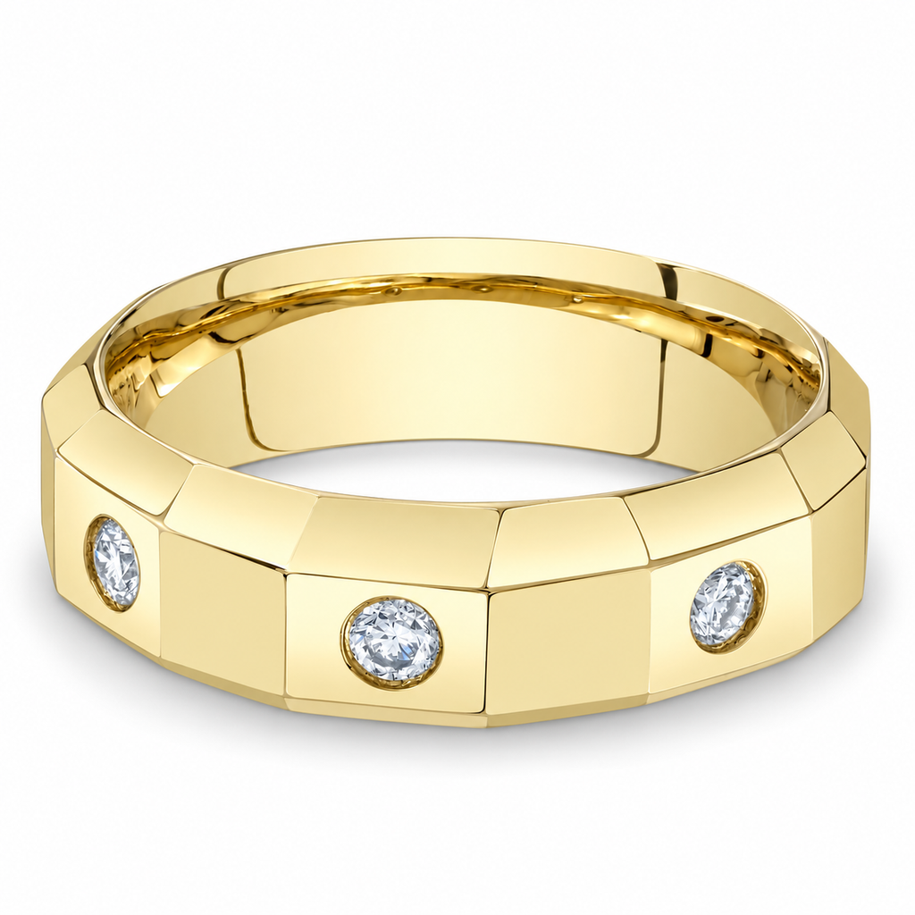 7.2mm 14K yellow gold faceted wedding band with three round diamonds — alt front