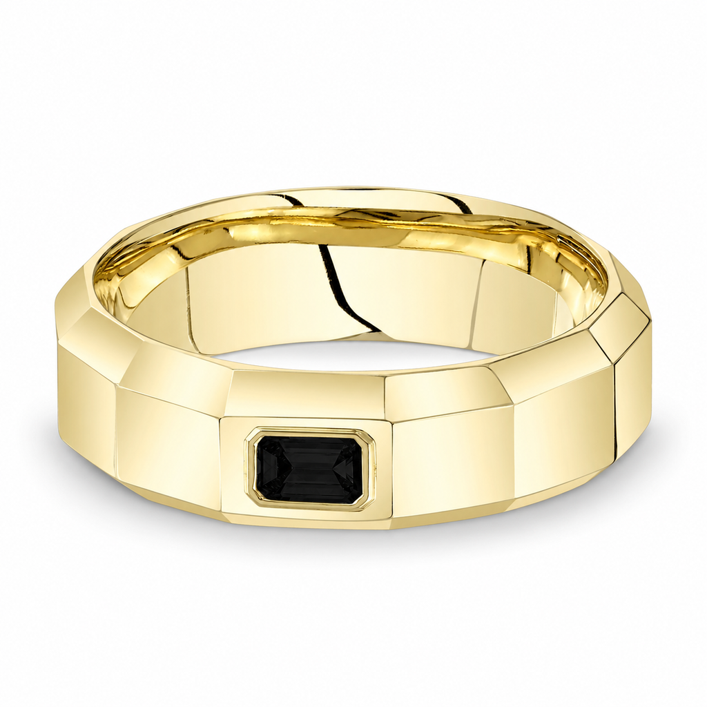 7mm 14K yellow gold faceted black lab diamond band — level front alternative with natural shadow