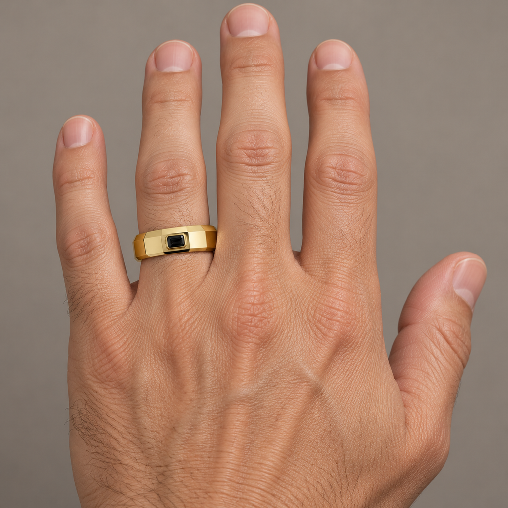 7mm 14K yellow gold faceted black lab diamond band — male ring-finger close-up
