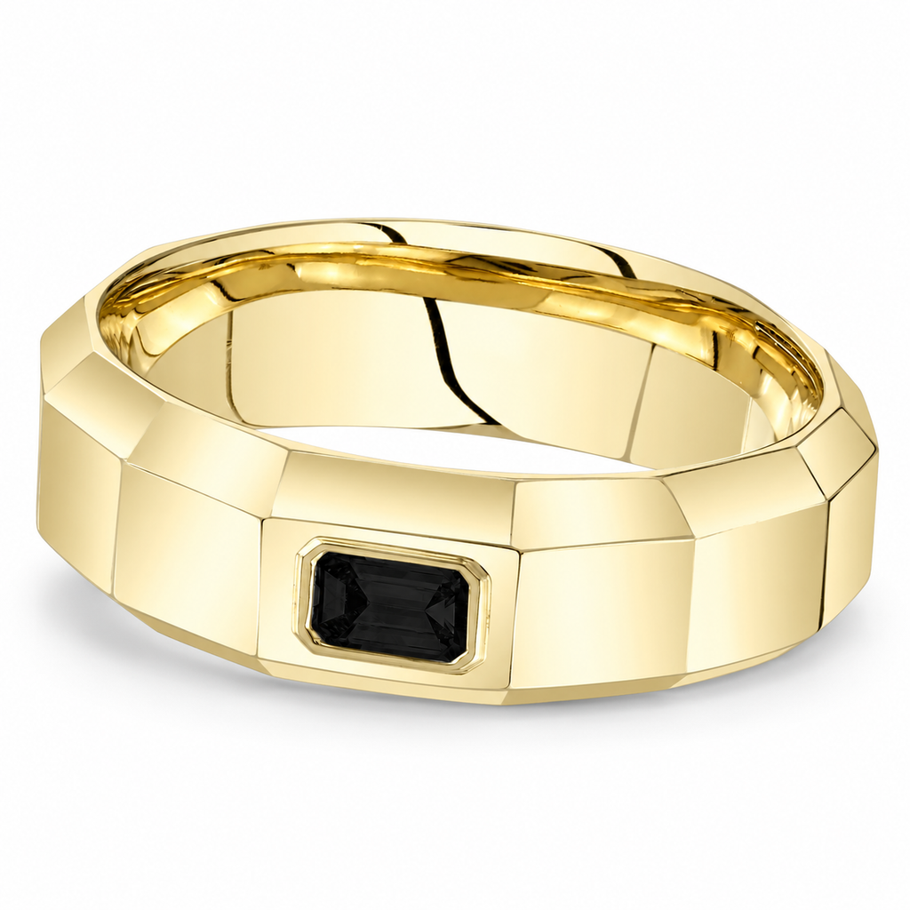 7mm 14K yellow gold faceted black lab diamond band — forward angled hero with natural shadow