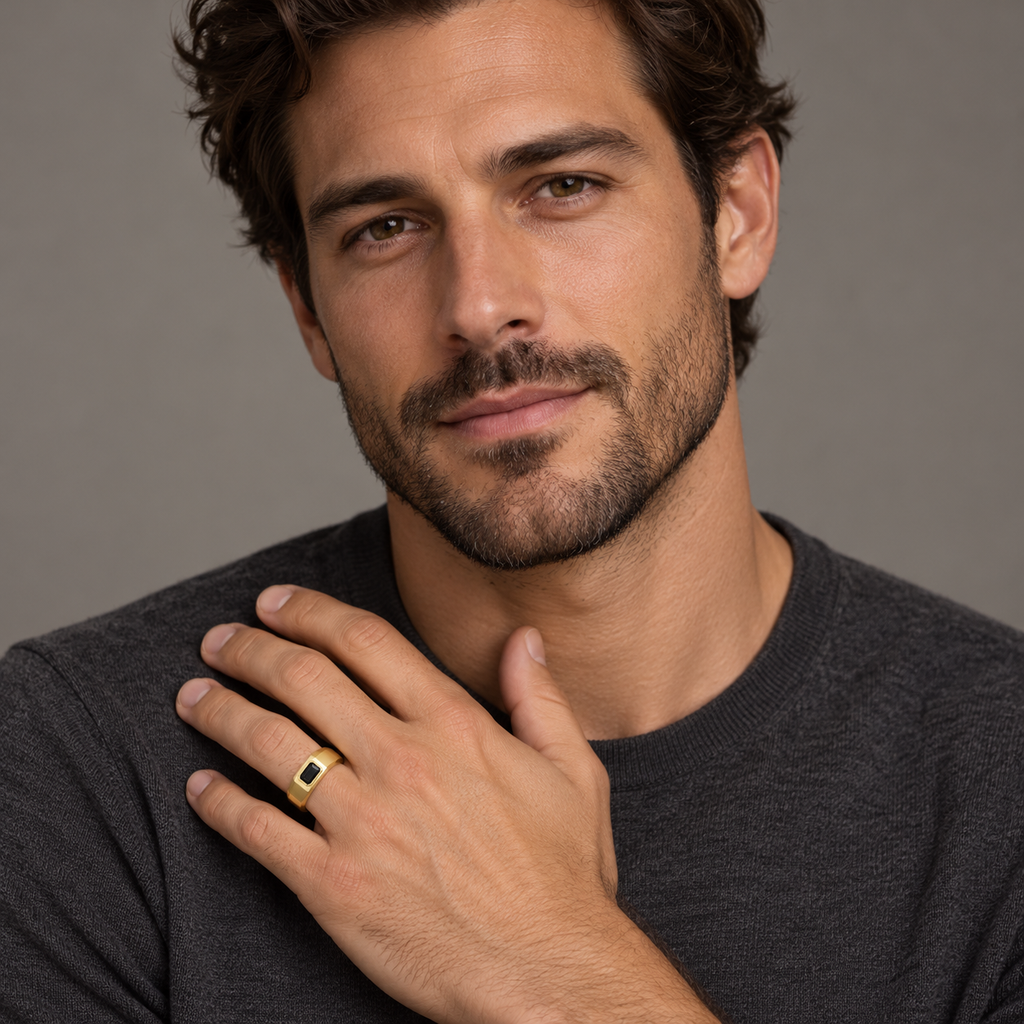 7mm 14K yellow gold faceted black lab diamond band — male studio portrait