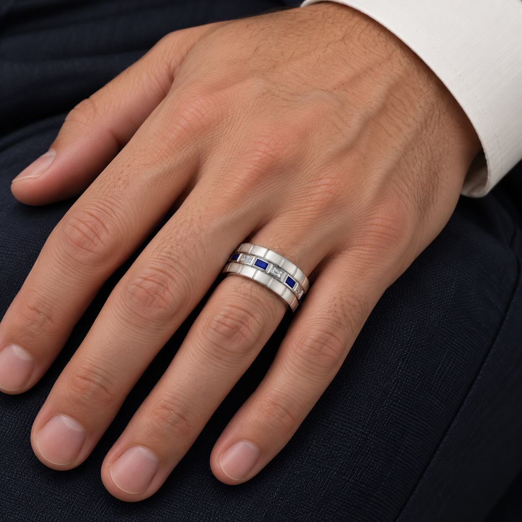AZ23978 8.5mm 14K white gold baguette sapphire and diamond band — hand