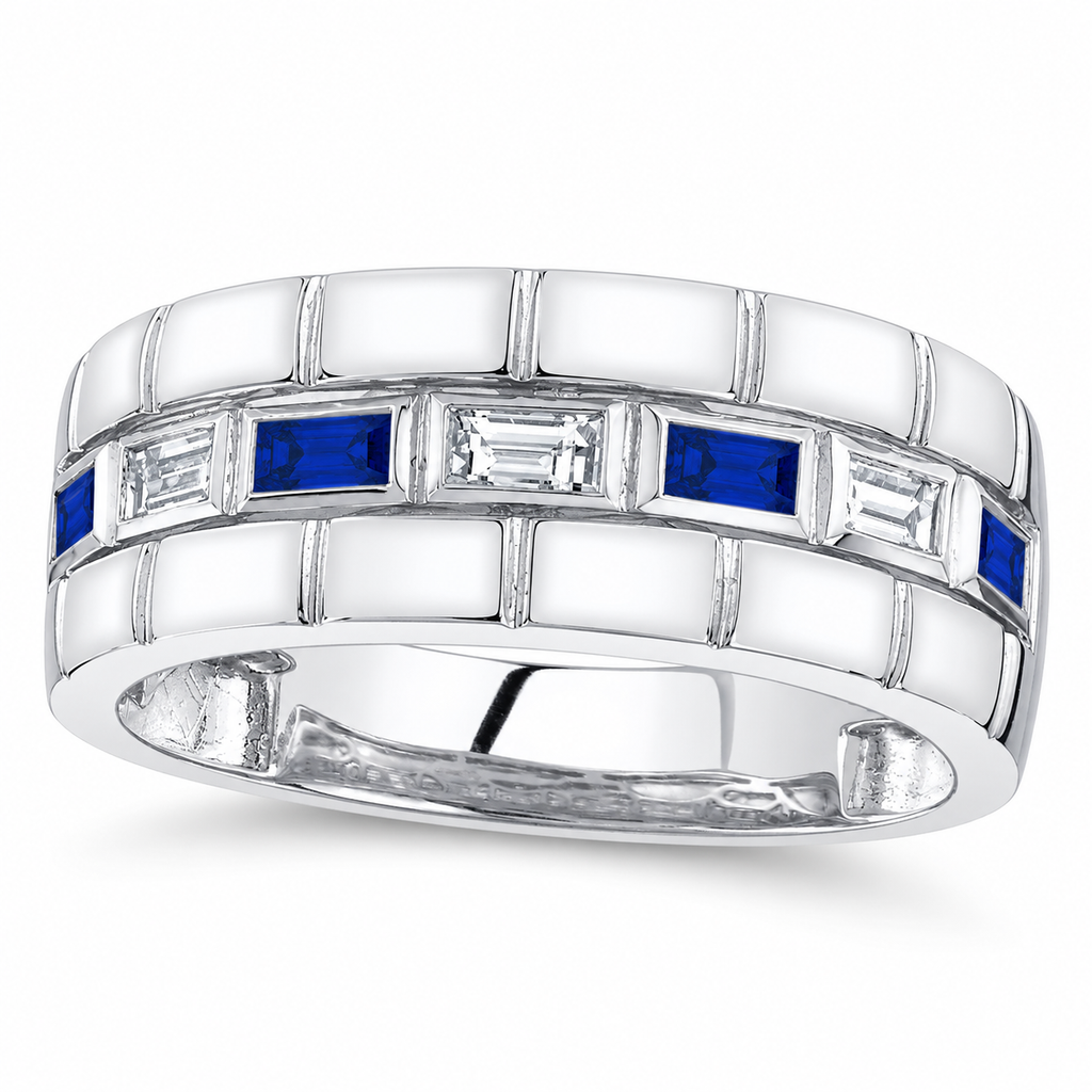 AZ23978 8.5mm 14K white gold baguette sapphire and diamond band — hero