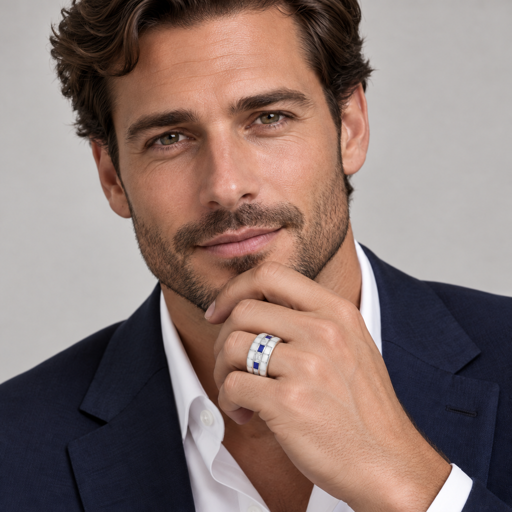 AZ23978 8.5mm 14K white gold baguette sapphire and diamond band — portrait