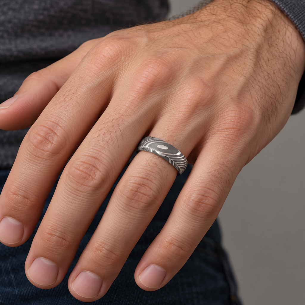 AZ24626 6mm Damascus steel patterned wedding band on male hand