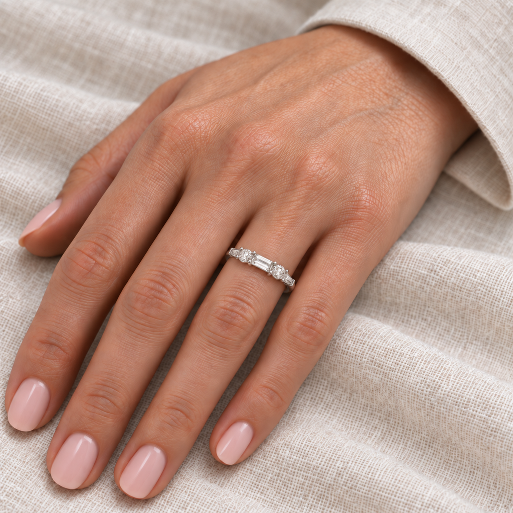 Baguette & Oval Moissanite Diamond Wedding Ring Band in Palladium (0.75ct) — hand view