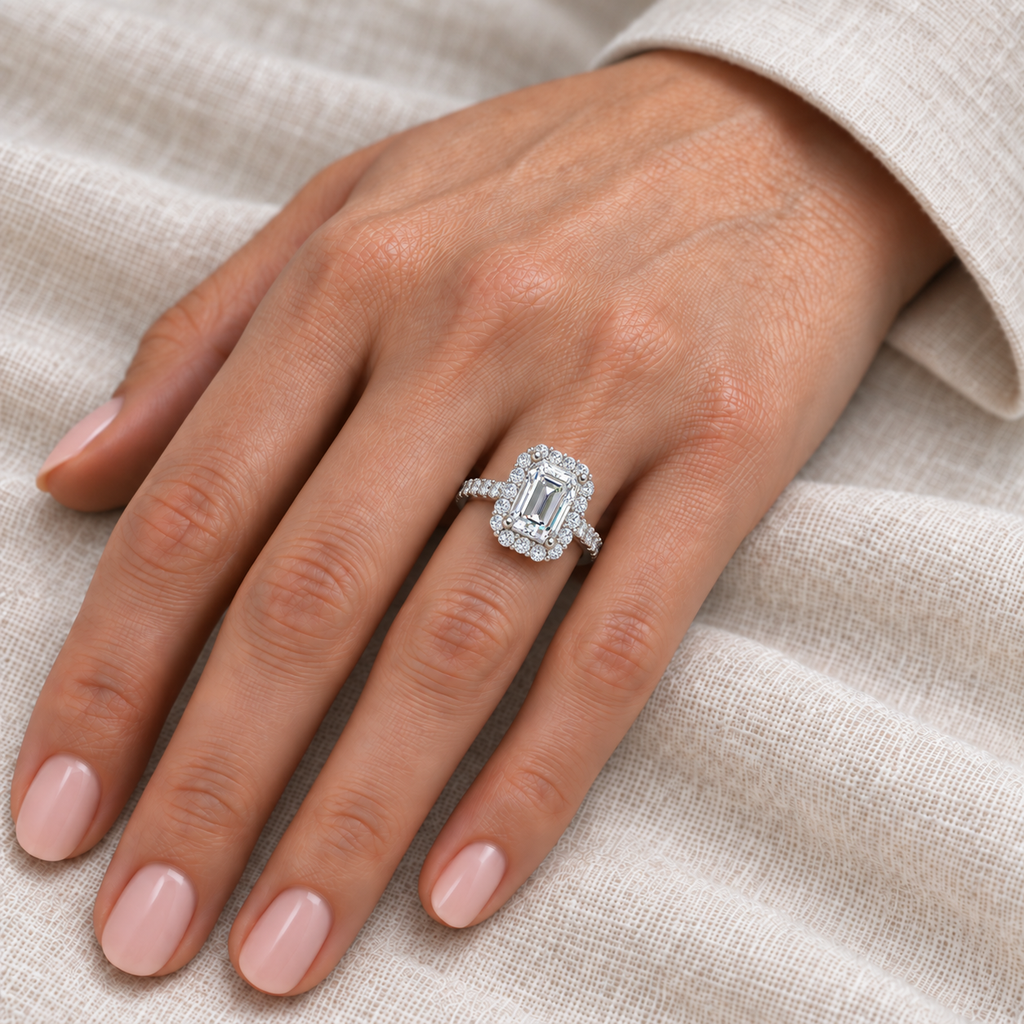 Emerald Cut & Round Lab Diamond Halo Engagement Ring in Platinum (3.90ct) — hand view