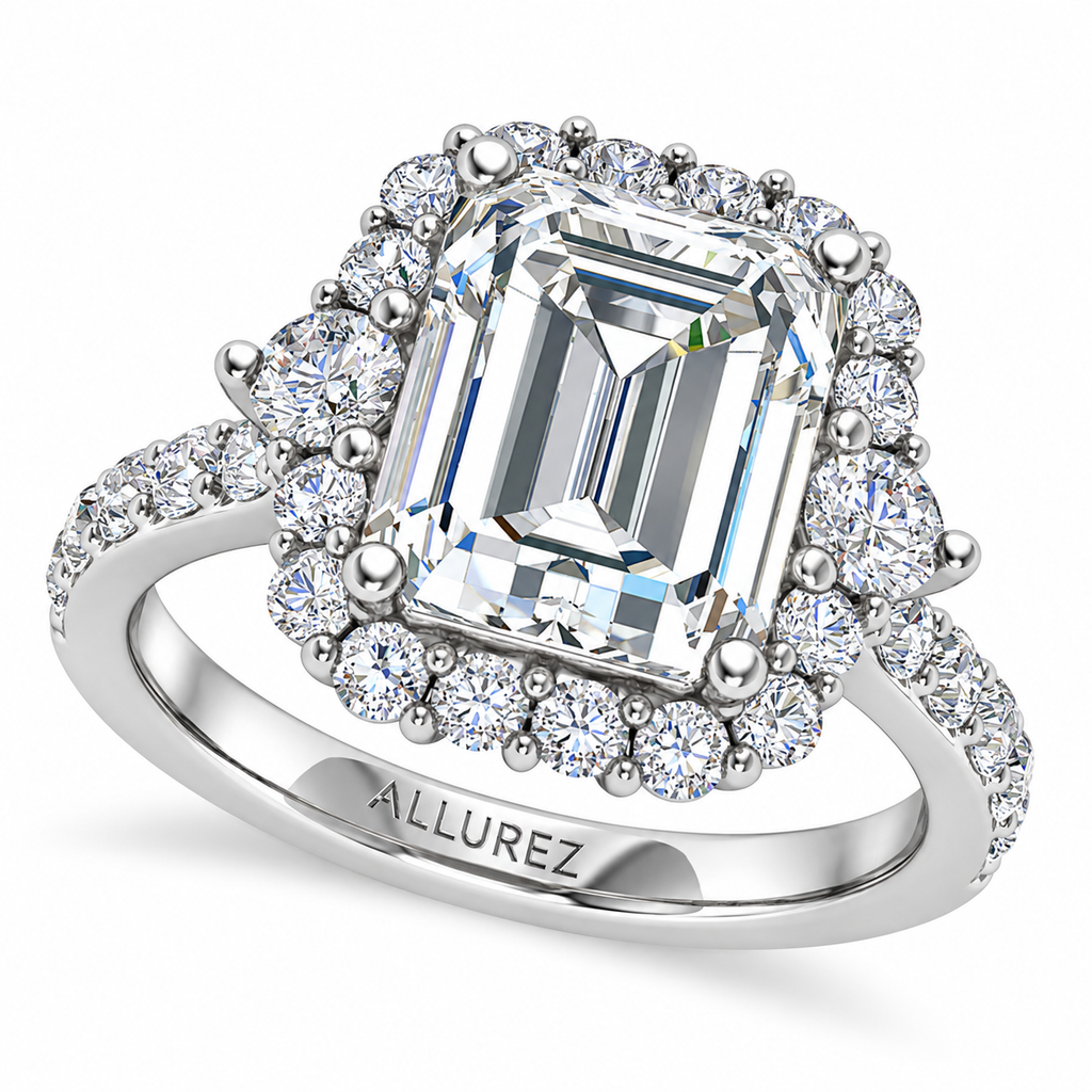 Emerald Cut & Round Lab Diamond Halo Engagement Ring in Platinum (3.90ct) — main view