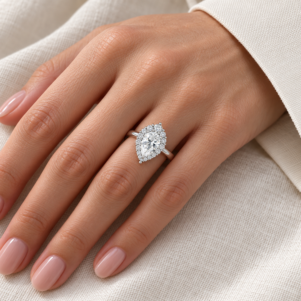 Pear & Round Lab Diamond Halo Engagement Ring in Platinum (1.82ct) — ring on hand