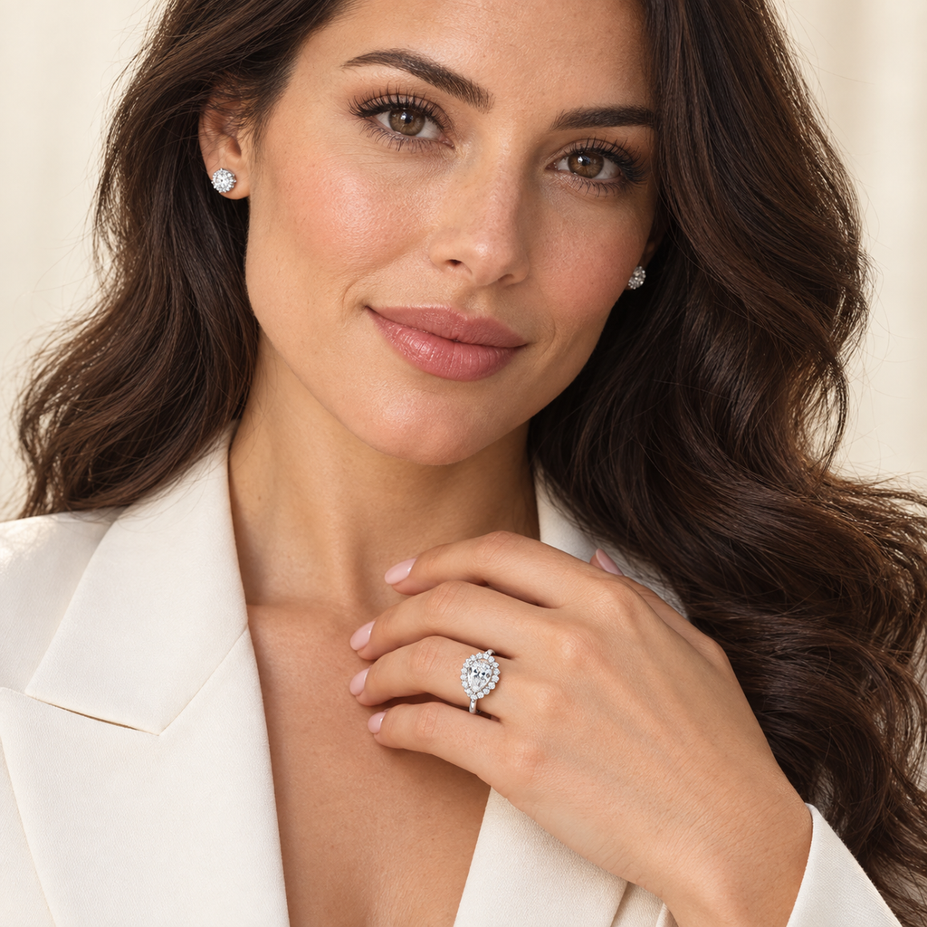 Pear & Round Lab Diamond Halo Engagement Ring in Platinum (1.82ct) — model wearing ring