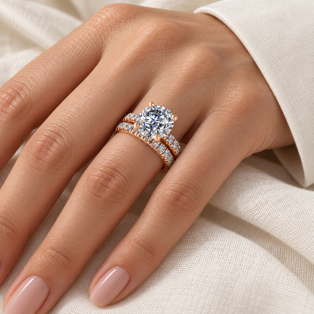 Round Moissanite Diamond Solitaire Ring Bridal Set 14K Rose Gold (4.37ct) — ring on hand