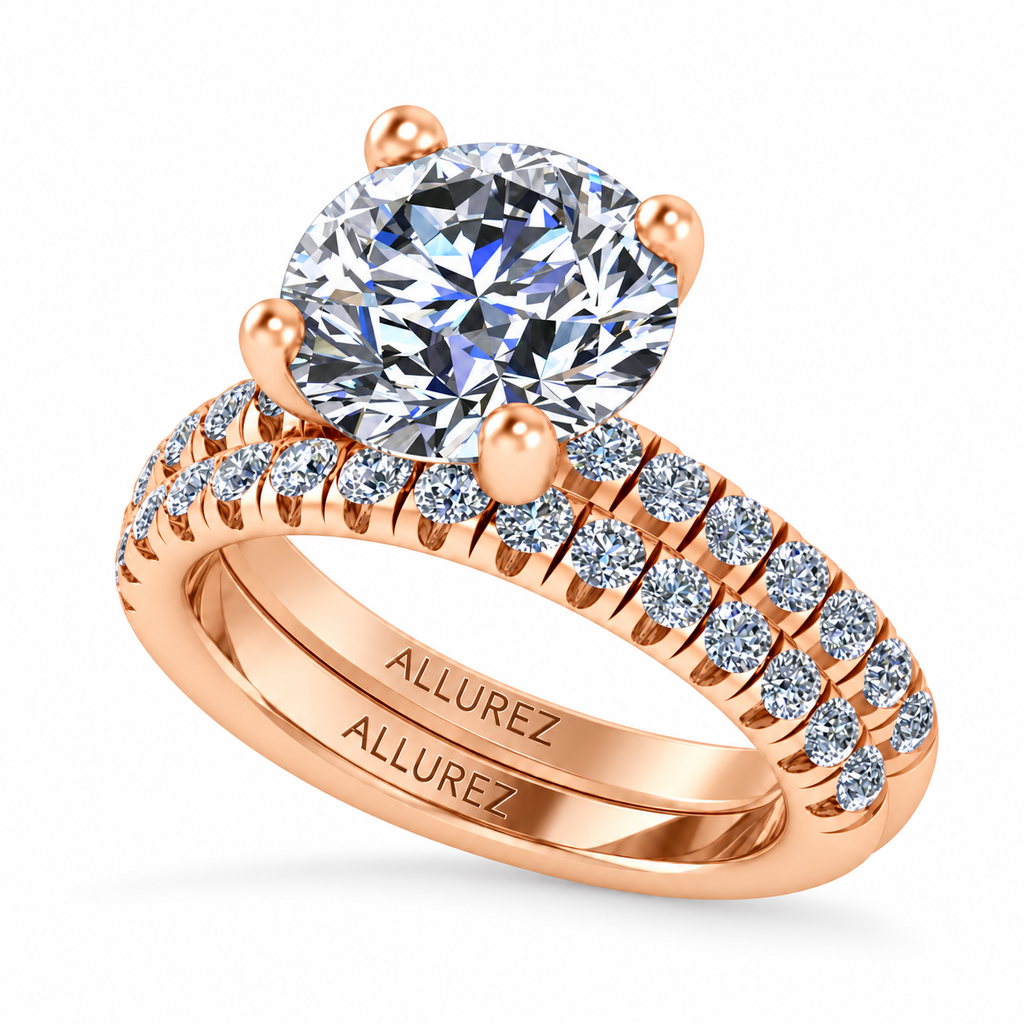 Round Moissanite Diamond Bridal Set 14K Rose Gold (4.37ct) — three-quarter product view