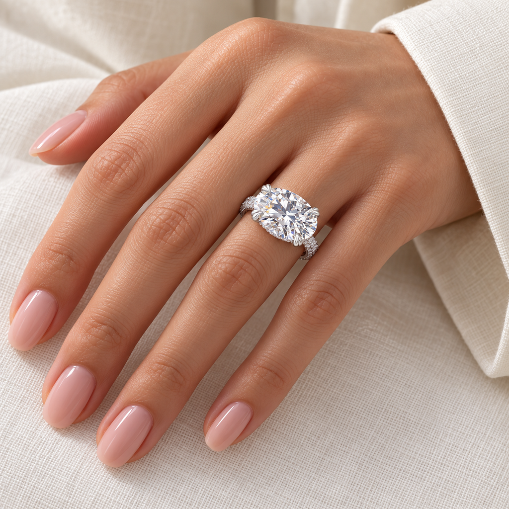 East-West Oval Lab Diamond Engagement Ring Platinum (8.90ct) – hand closeup