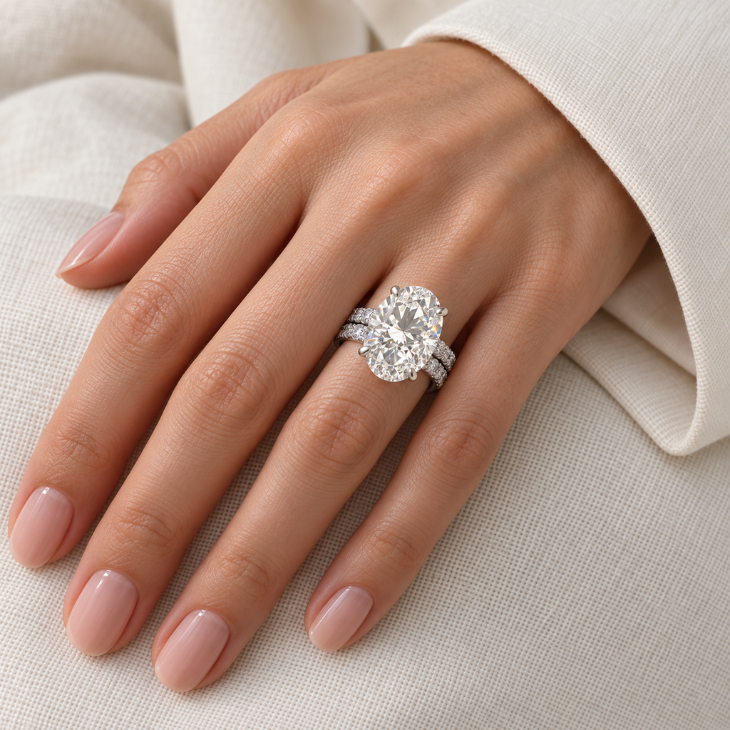 Oval Lab Diamond Bridal Set Platinum (9.77ct) — bridal set on hand