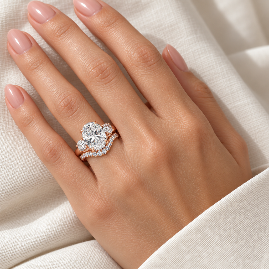 Oval Lab Diamond Bridal Set 14K Rose Gold (8.33ct) – hand closeup