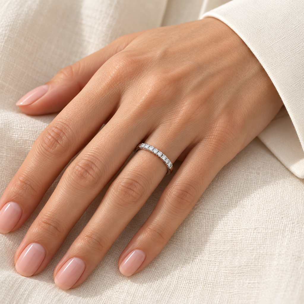 Round Natural Diamond Stackable Ring Sterling Silver (0.17ct) – hand closeup