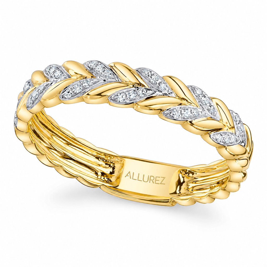 Round Diamond Leaf Wreath Ring Band 14K Yellow Gold (0.09ct) – three-quarter product view