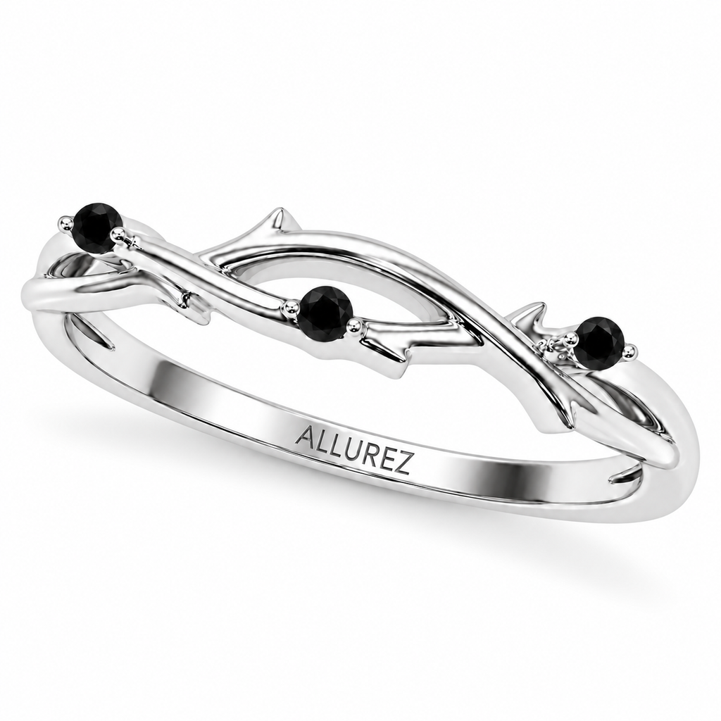 Black diamond vine leaf wedding band in palladium — gentle angled main view on white
