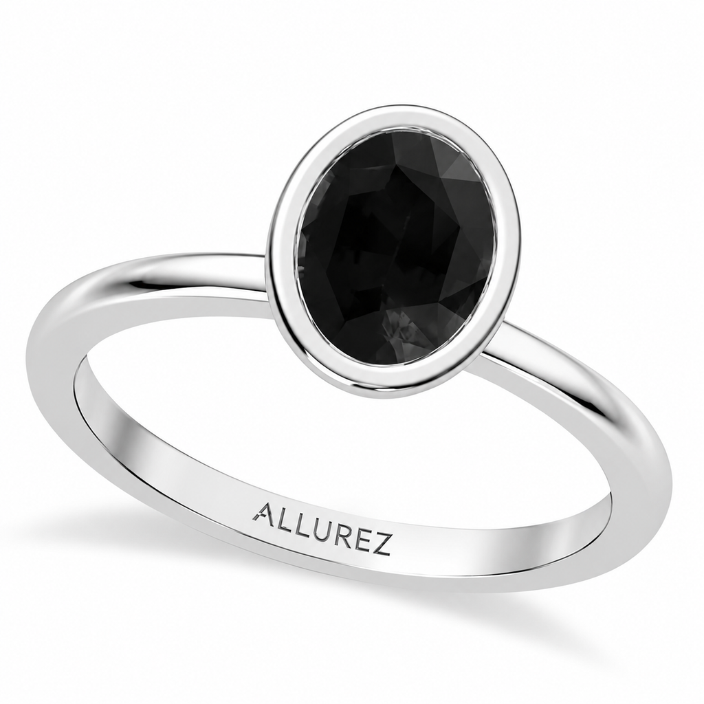 Oval Natural Black Diamond Bezel Engagement Ring in Platinum (1.25ct) – three-quarter product view