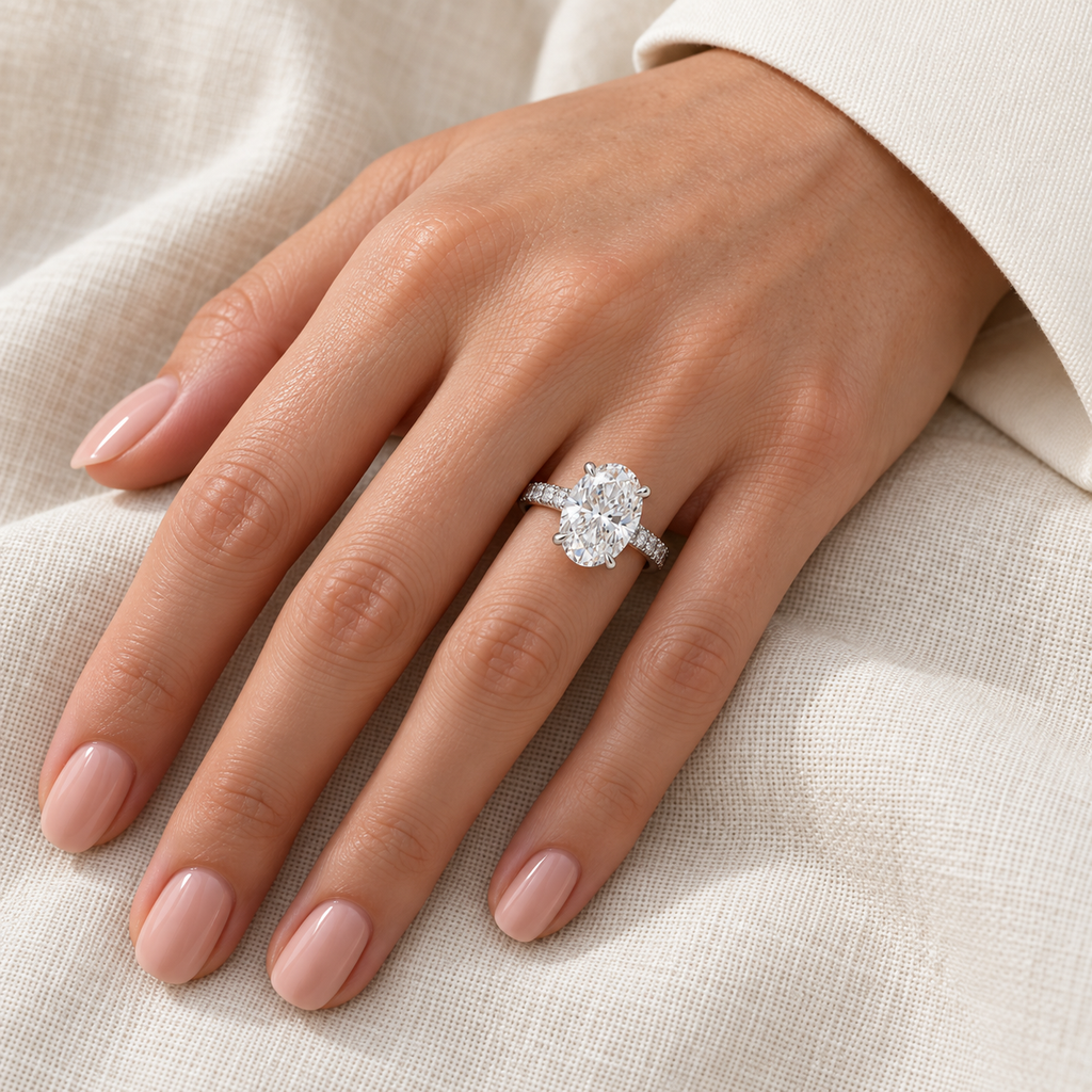 Oval Lab Diamond Cathedral Style Engagement Ring in Platinum (5.00ct) – hand closeup