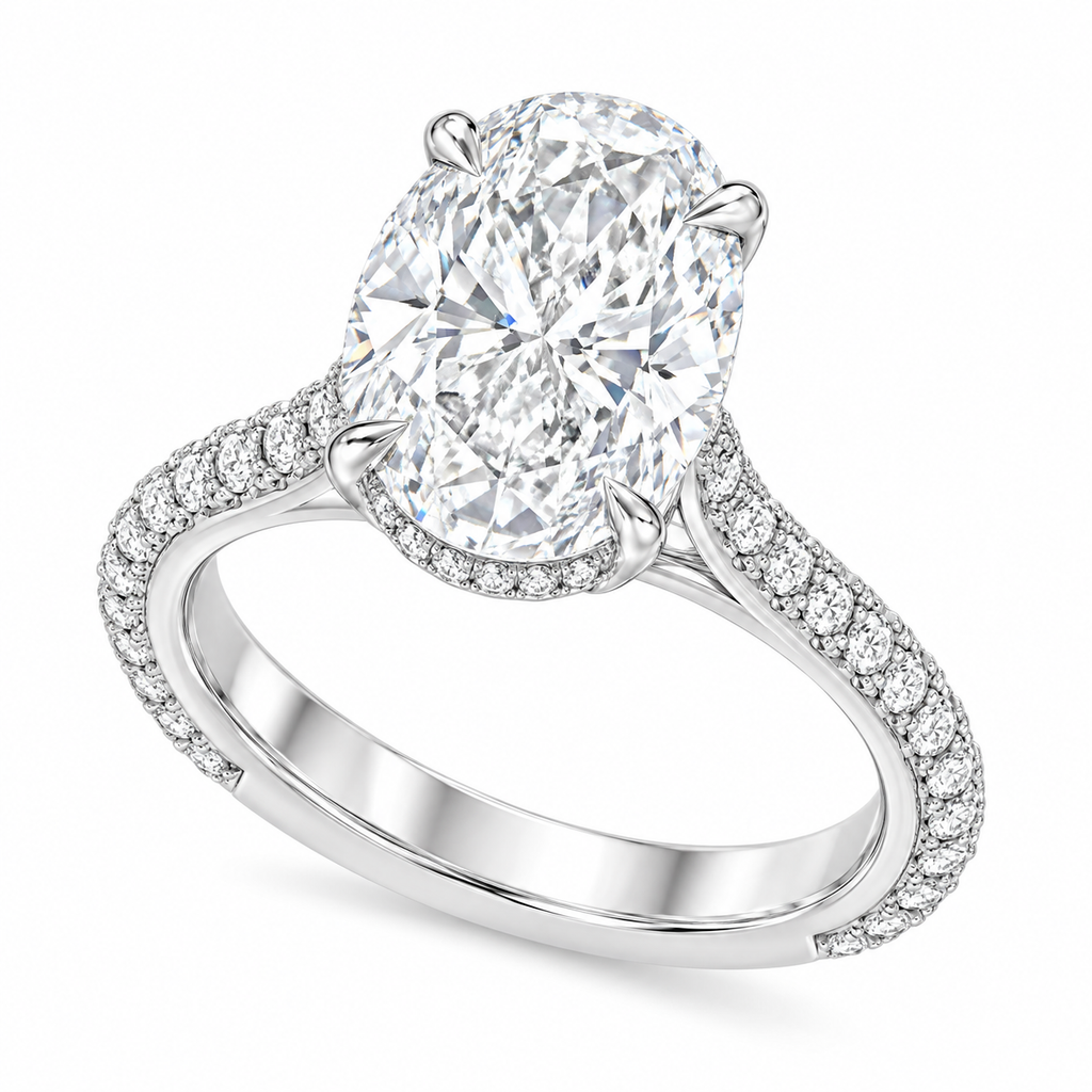 Oval Lab Diamond Cathedral Style Engagement Ring in Platinum (5.00ct) – three-quarter product view