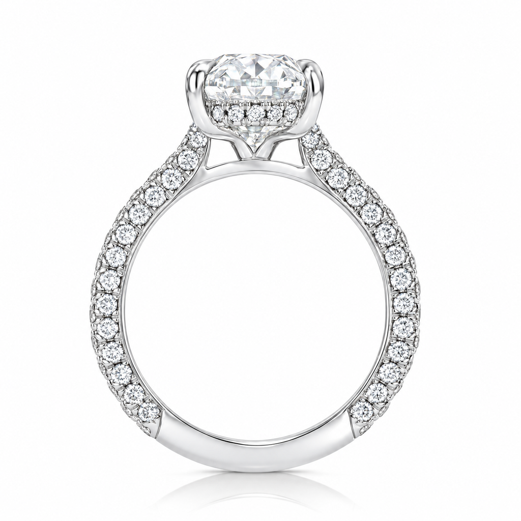 Oval Lab Diamond Cathedral Style Engagement Ring in Platinum (5.00ct) – side profile