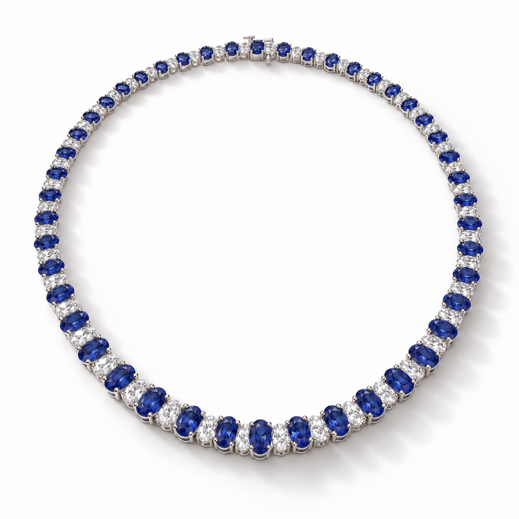 Lab sapphire and diamond graduated necklace in 14k white gold - angled view