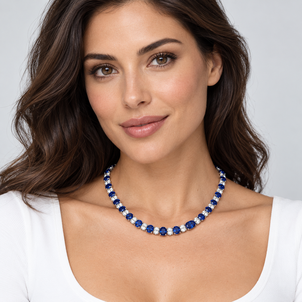 Lab sapphire and diamond graduated necklace in 14k white gold - worn on model