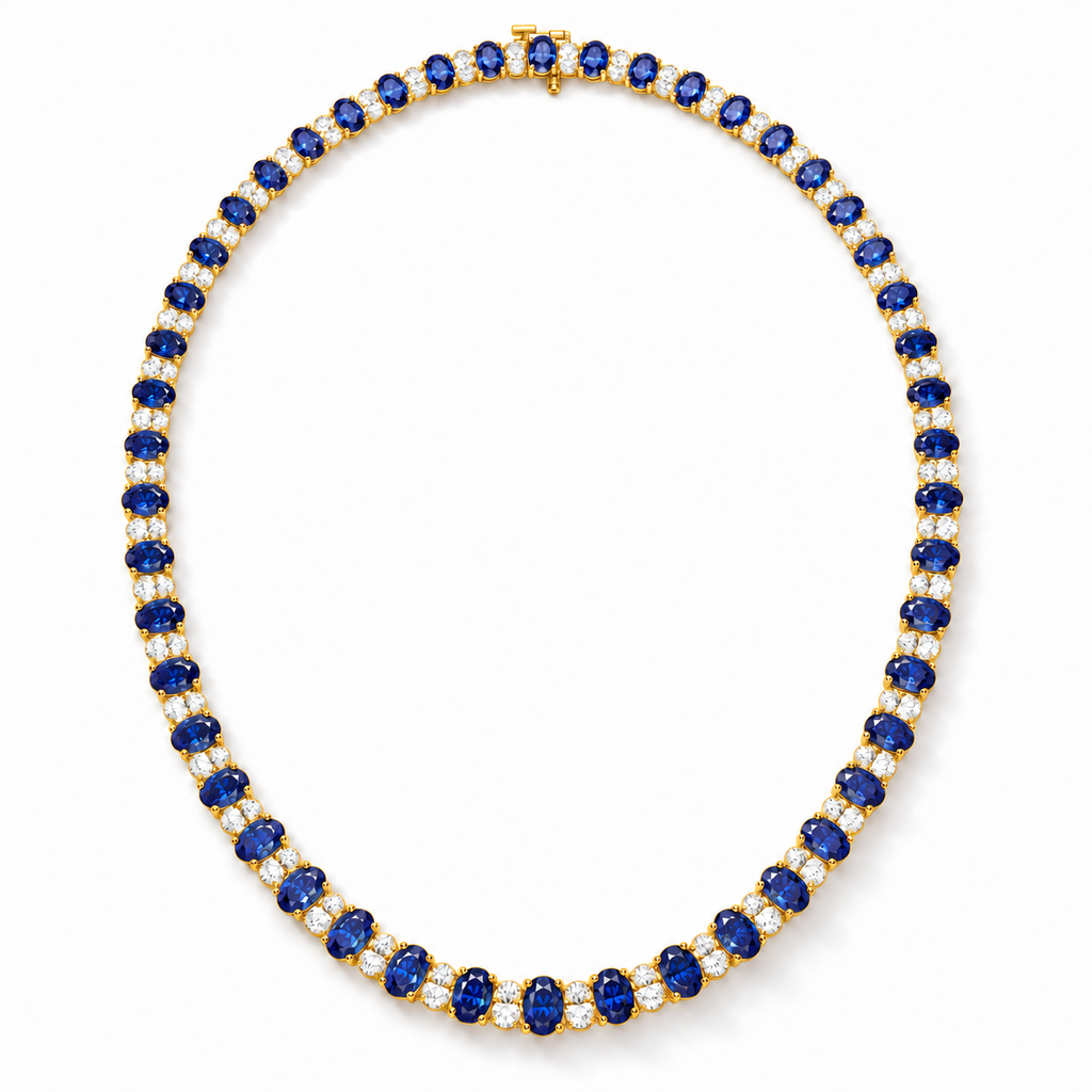 Lab sapphire and diamond graduated necklace in 14k yellow gold - full necklace