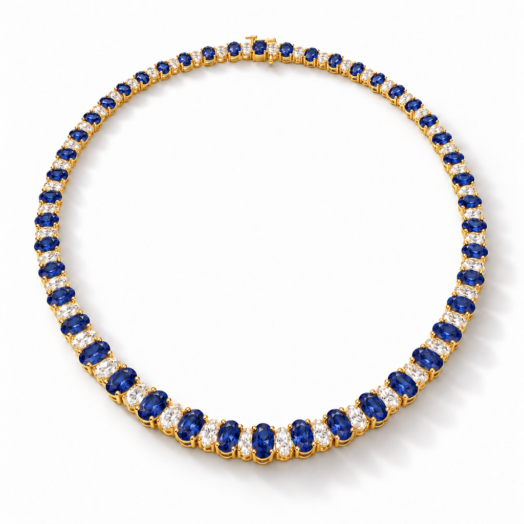 Lab sapphire and diamond graduated necklace in 14k yellow gold - angled view