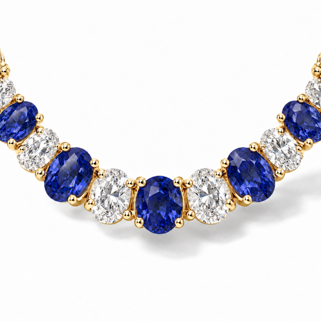 Lab sapphire and diamond graduated necklace in 14k yellow gold - stone and setting close-up