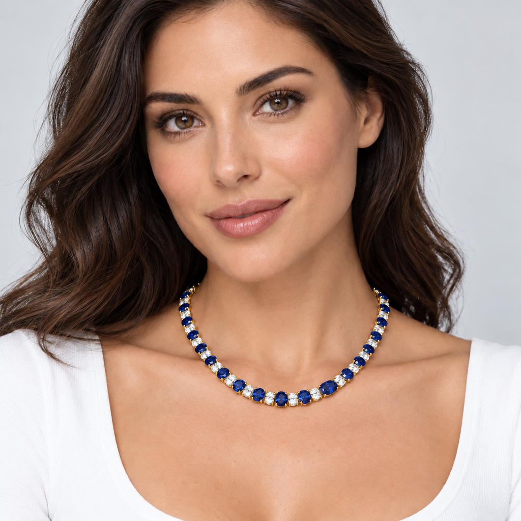 Lab sapphire and diamond graduated necklace in 14k yellow gold - worn on model