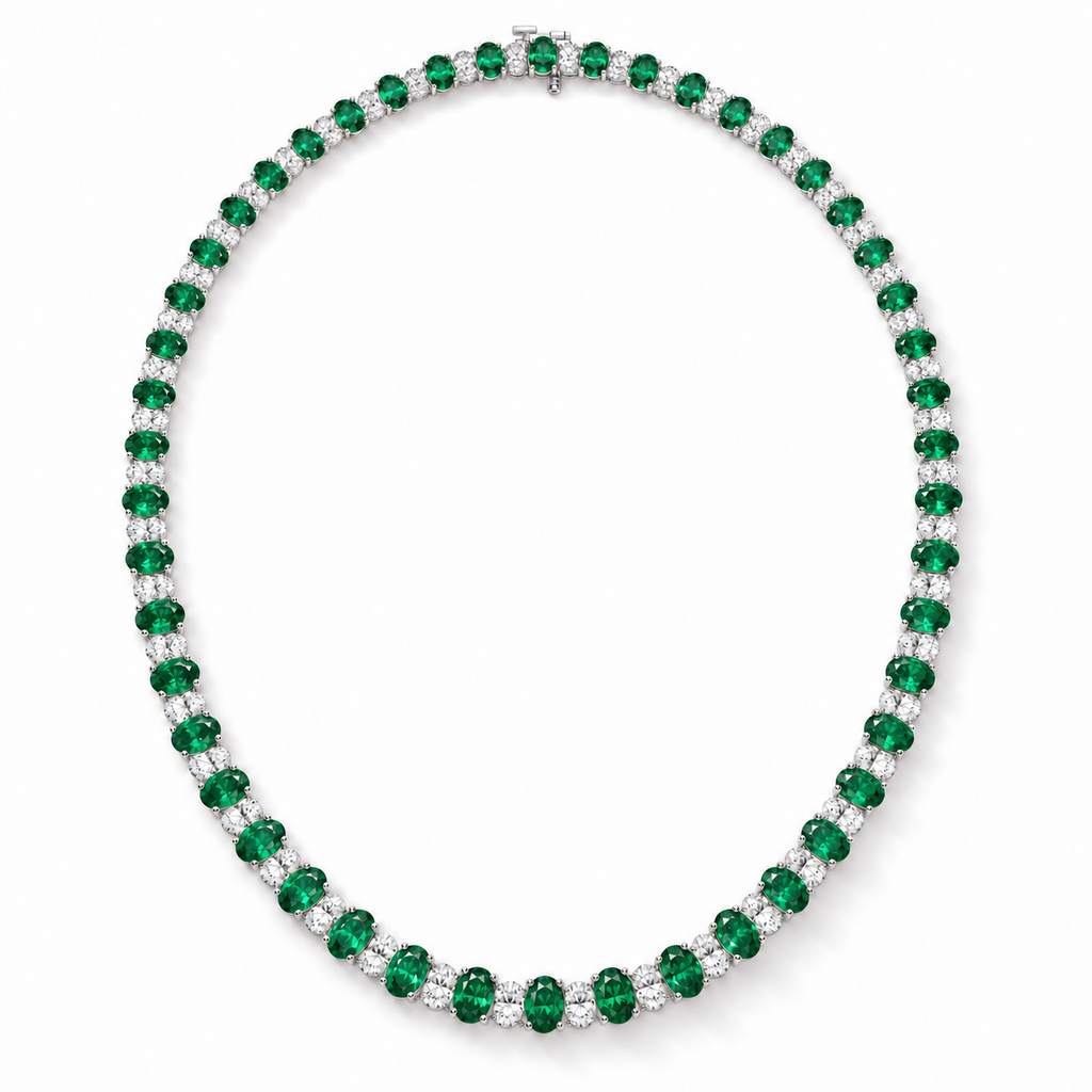 Lab emerald and diamond graduated necklace in 14k white gold - full necklace