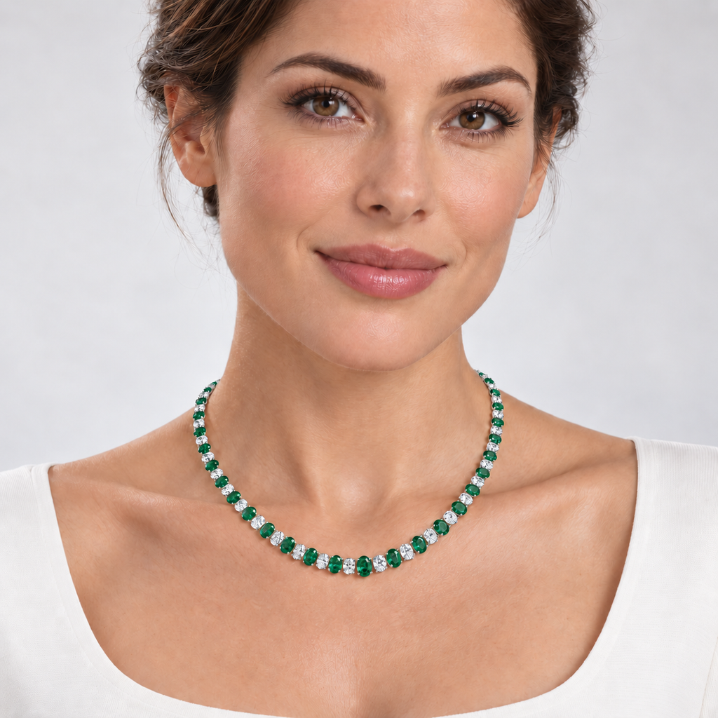Lab emerald and diamond graduated necklace in 14k white gold - worn on model