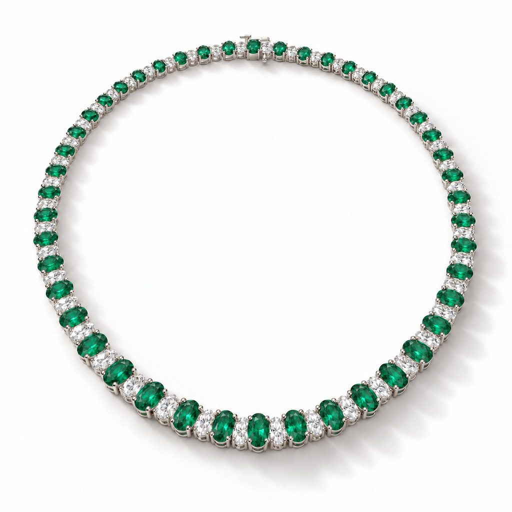 Lab emerald and diamond graduated necklace in 14k white gold - angled view