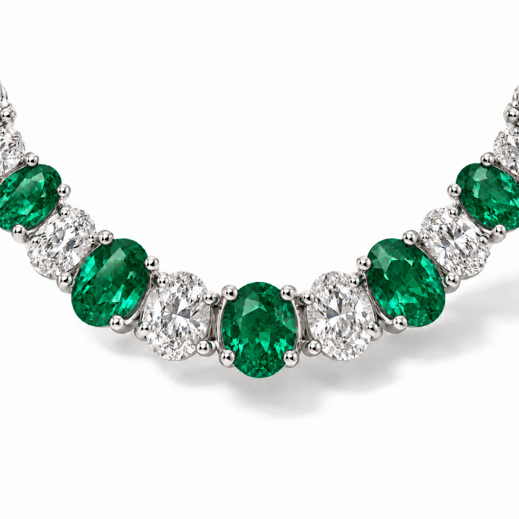 Lab emerald and diamond graduated necklace in 14k white gold - stone and setting close-up