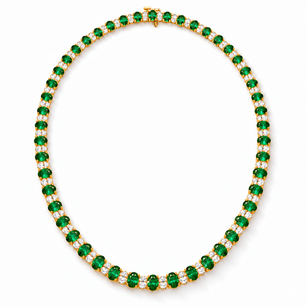 Lab emerald and diamond graduated necklace in 14k yellow gold - full necklace