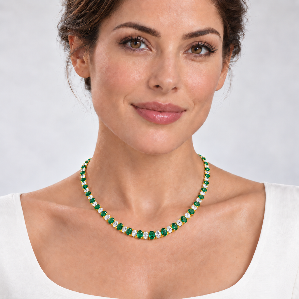 Lab emerald and diamond graduated necklace in 14k yellow gold - worn on model
