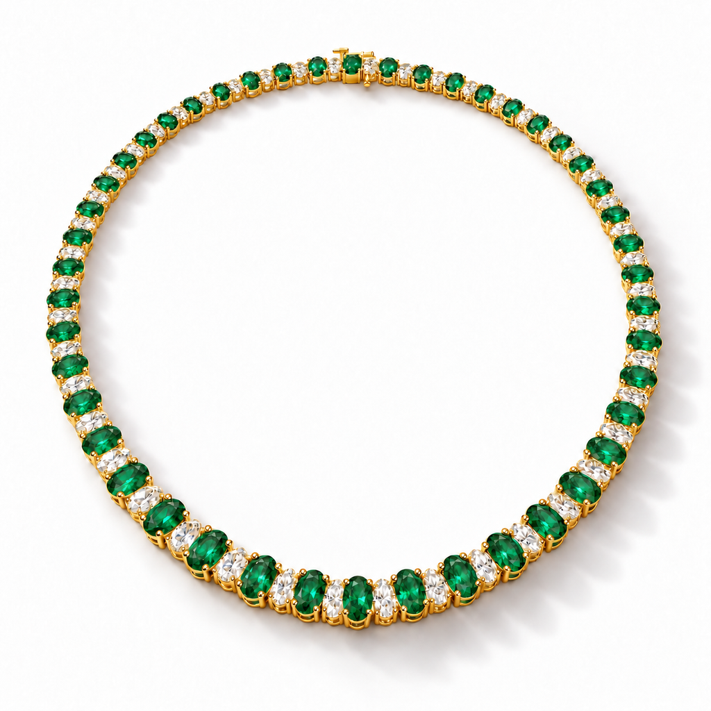 Lab emerald and diamond graduated necklace in 14k yellow gold - angled view