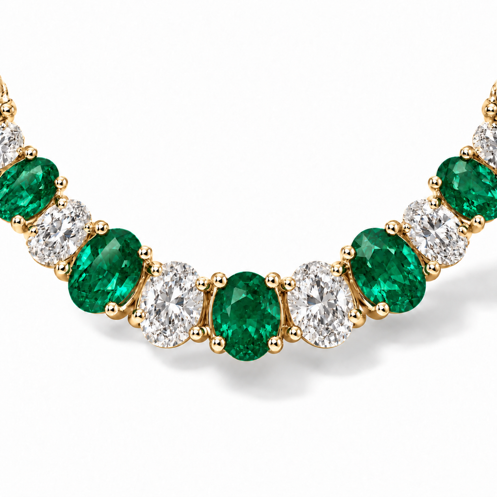 Lab emerald and diamond graduated necklace in 14k yellow gold - stone and setting close-up