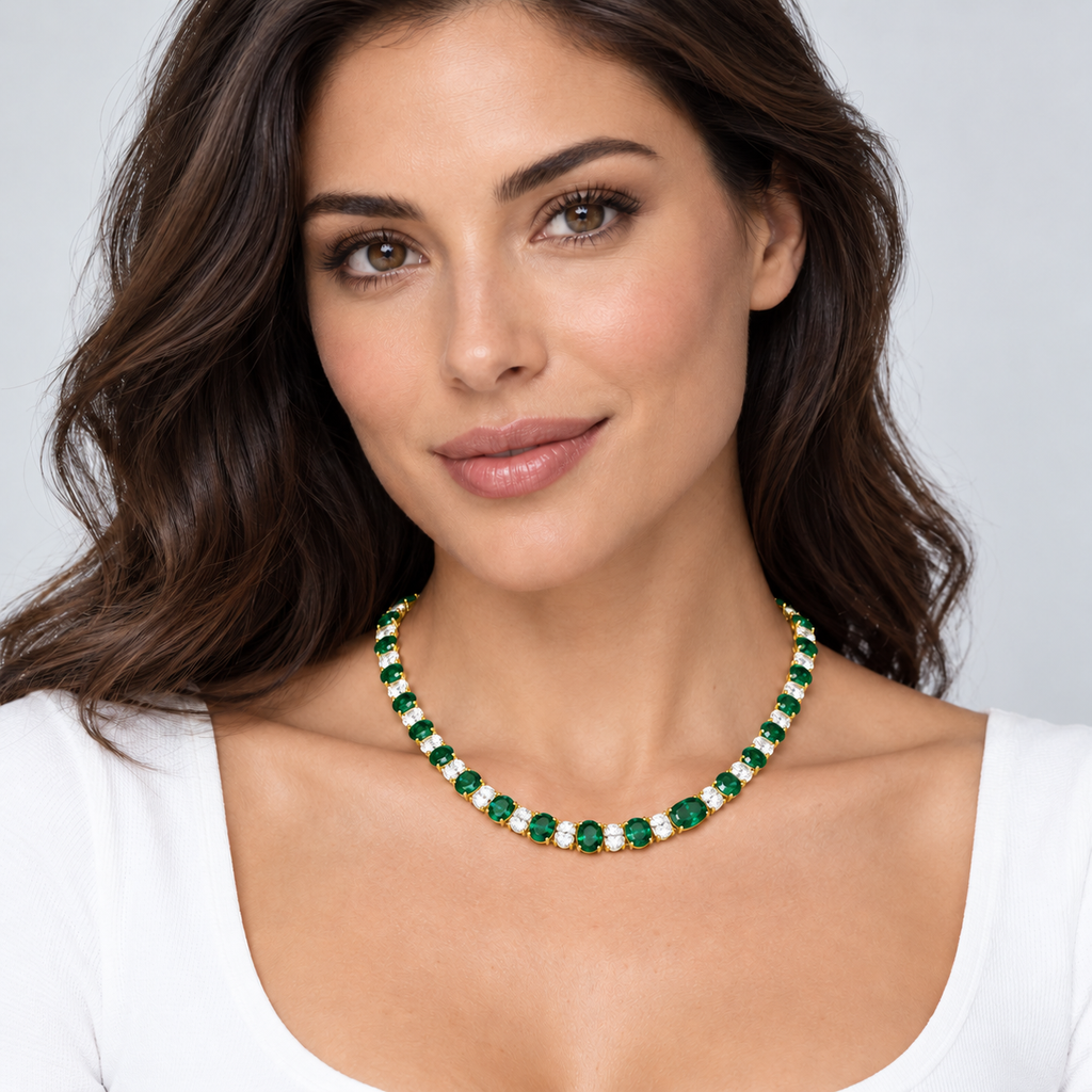 Lab emerald and diamond graduated necklace in 14k yellow gold - worn on model