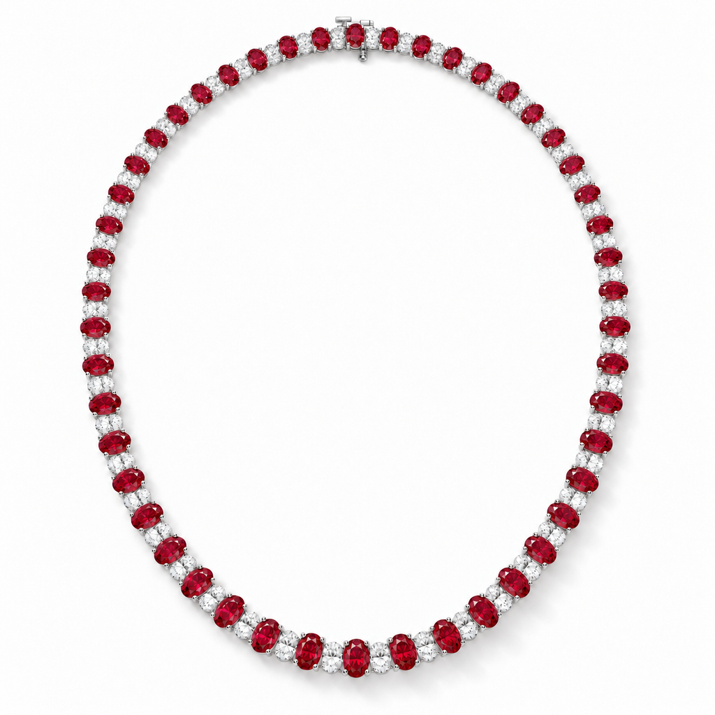 Lab ruby and diamond graduated necklace in 14k white gold - full necklace