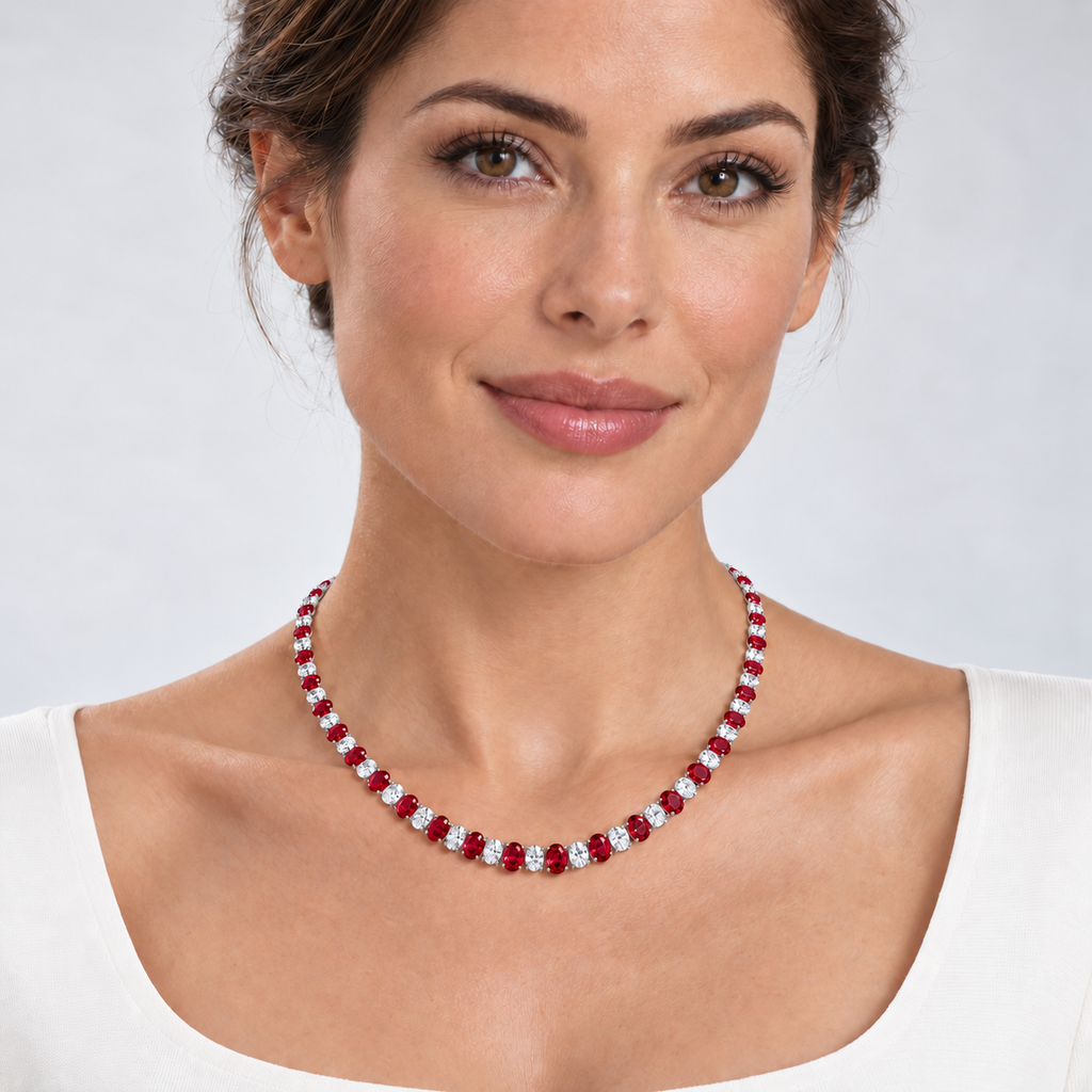 Lab ruby and diamond graduated necklace in 14k white gold - worn on model