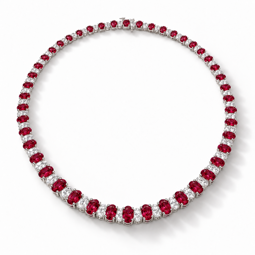 Lab ruby and diamond graduated necklace in 14k white gold - angled view