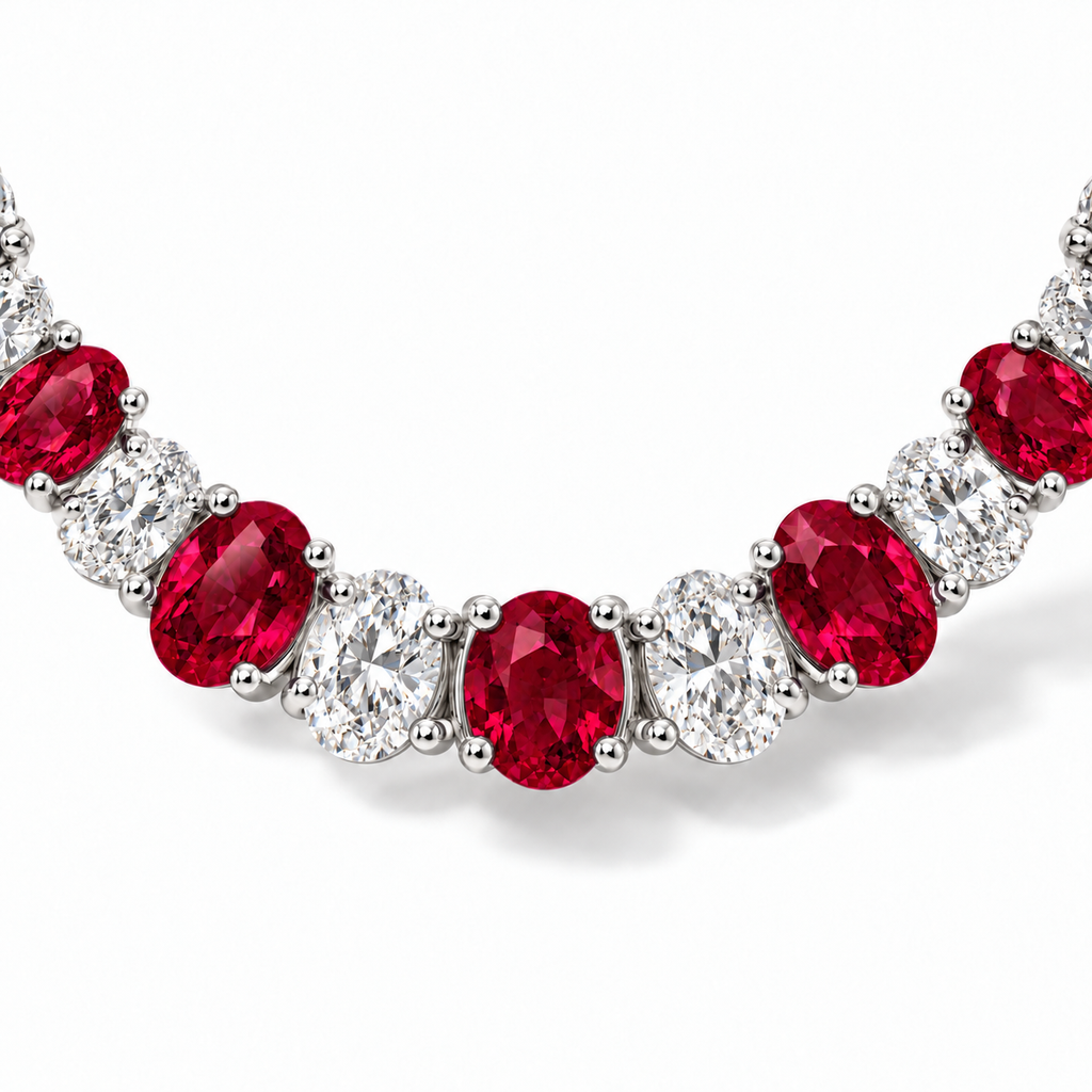 Lab ruby and diamond graduated necklace in 14k white gold - stone and setting close-up