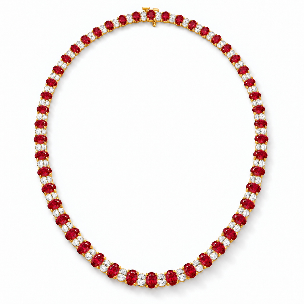 Lab ruby and diamond graduated necklace in 14k yellow gold - full necklace