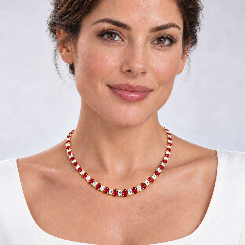 Lab ruby and diamond graduated necklace in 14k yellow gold - worn on model