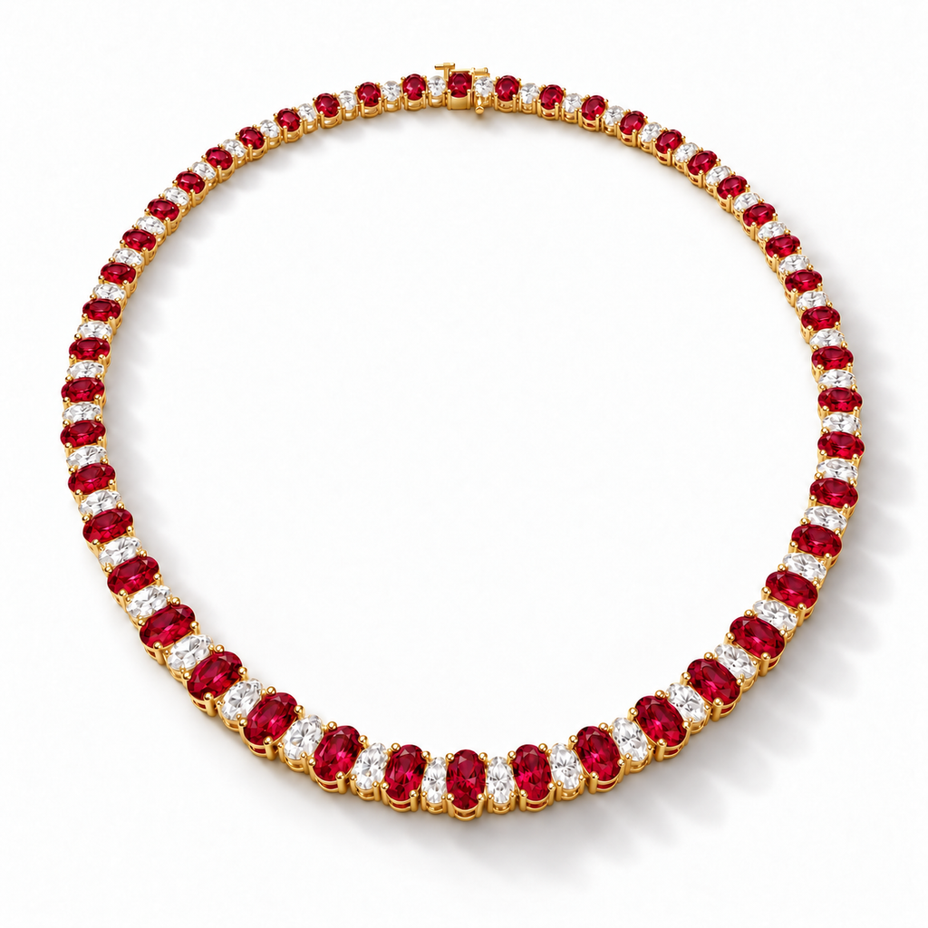 Lab ruby and diamond graduated necklace in 14k yellow gold - angled view