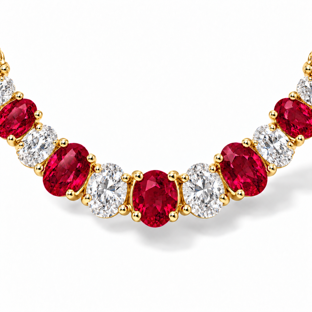 Lab ruby and diamond graduated necklace in 14k yellow gold - stone and setting close-up
